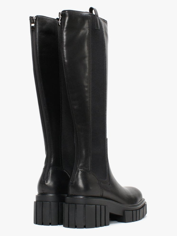 Pippy Black Leather Lug Sole Knee Boots