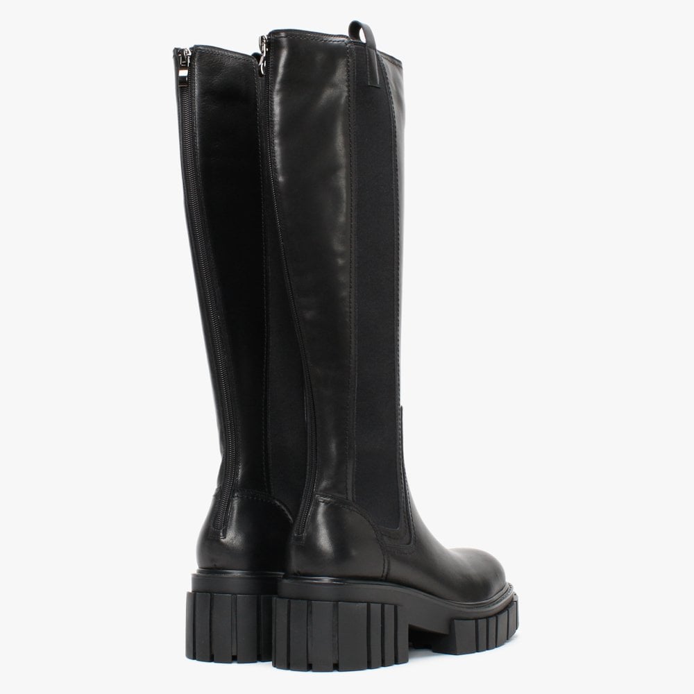 Pippy Black Leather Lug Sole Knee Boots