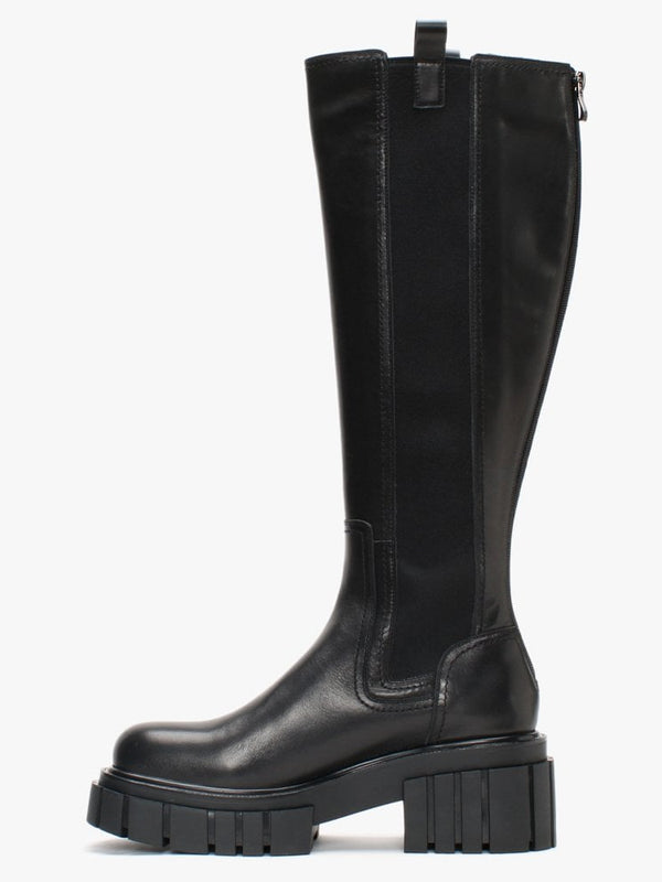 Pippy Black Leather Lug Sole Knee Boots