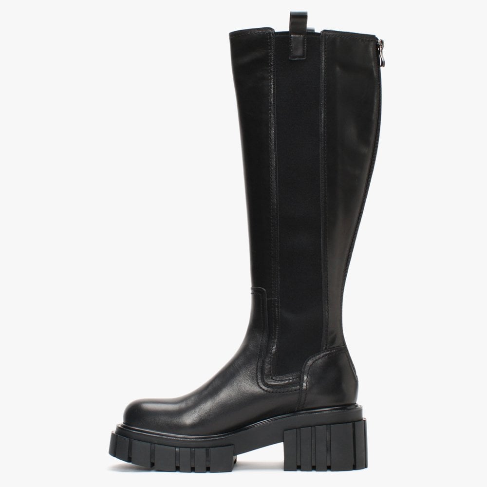 Pippy Black Leather Lug Sole Knee Boots