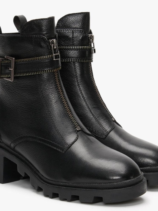 Sariela Black Leather Zip Ankle Boots
