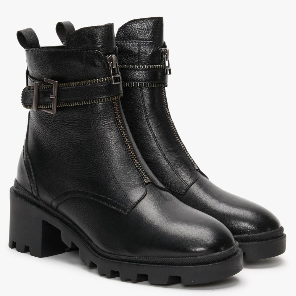 Sariela Black Leather Zip Ankle Boots