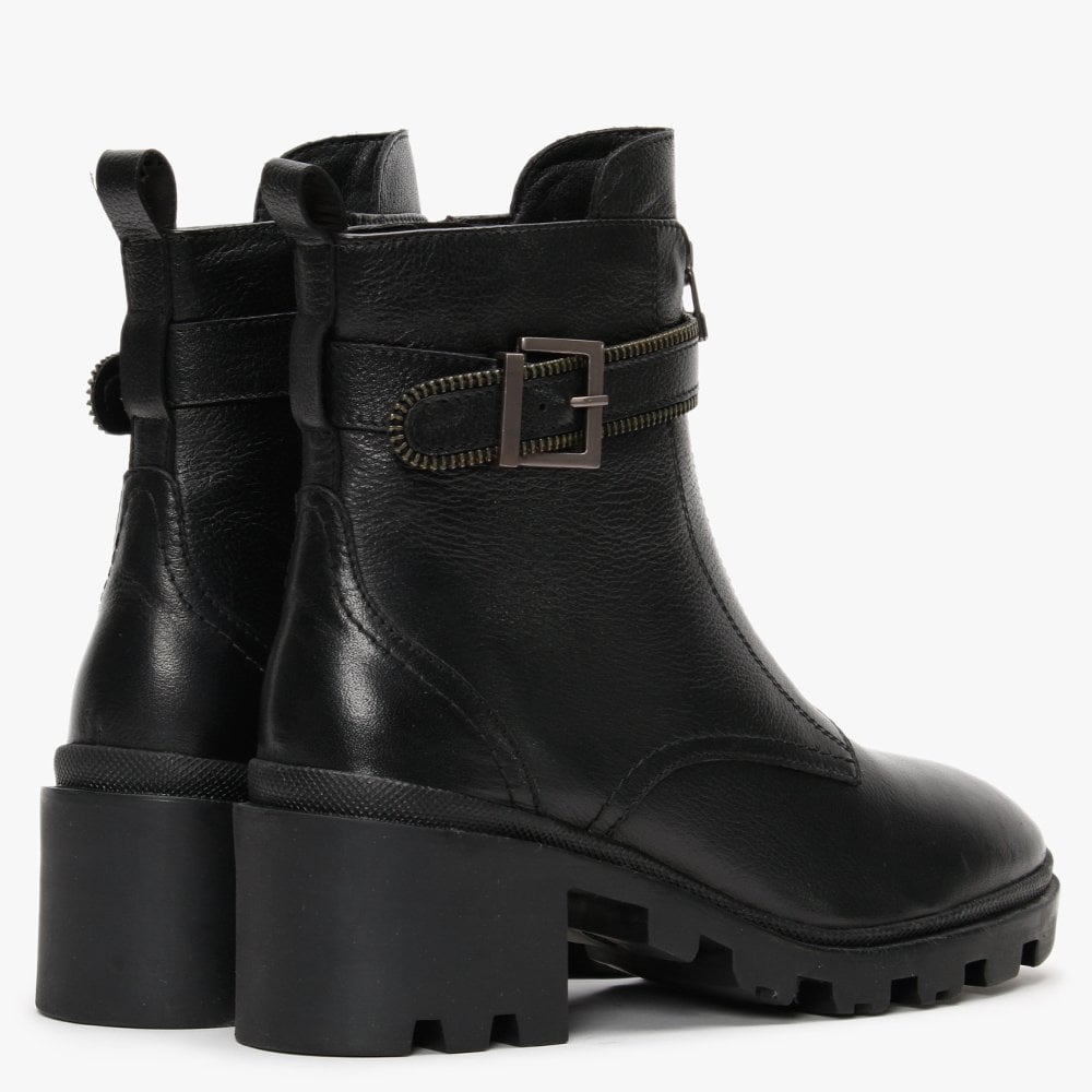 Sariela Black Leather Zip Ankle Boots