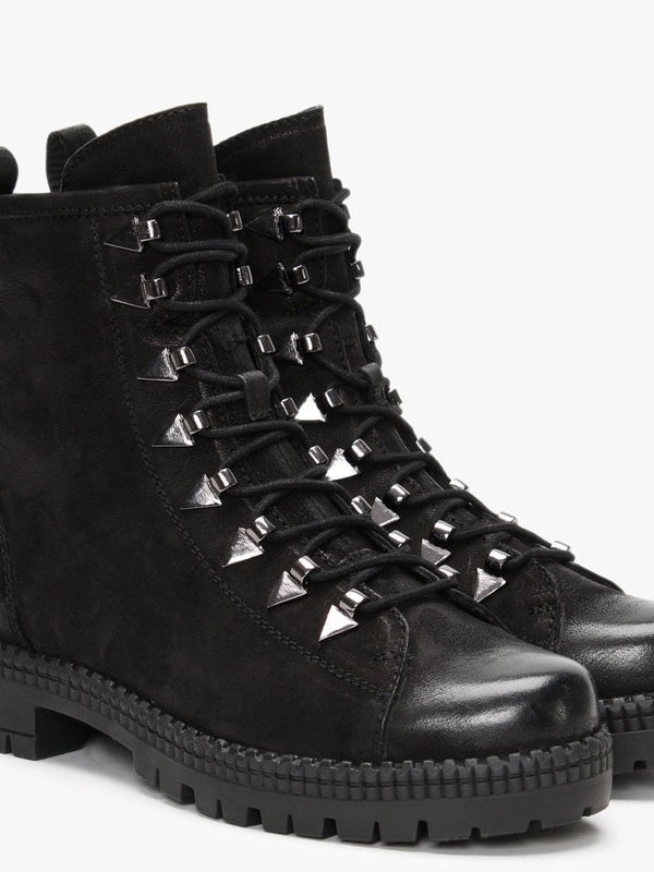 Sago Black Leather Arrow Eyelet Ankle Boots