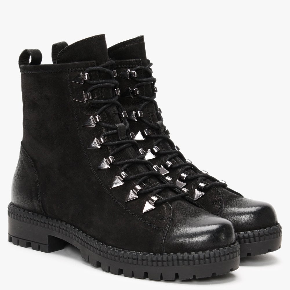 Sago Black Leather Arrow Eyelet Ankle Boots