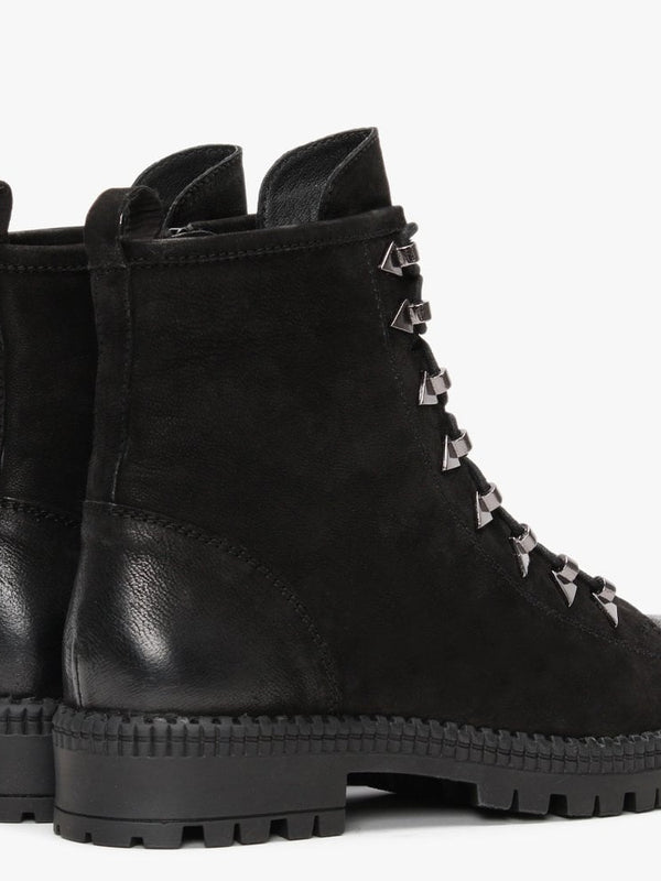 Sago Black Leather Arrow Eyelet Ankle Boots
