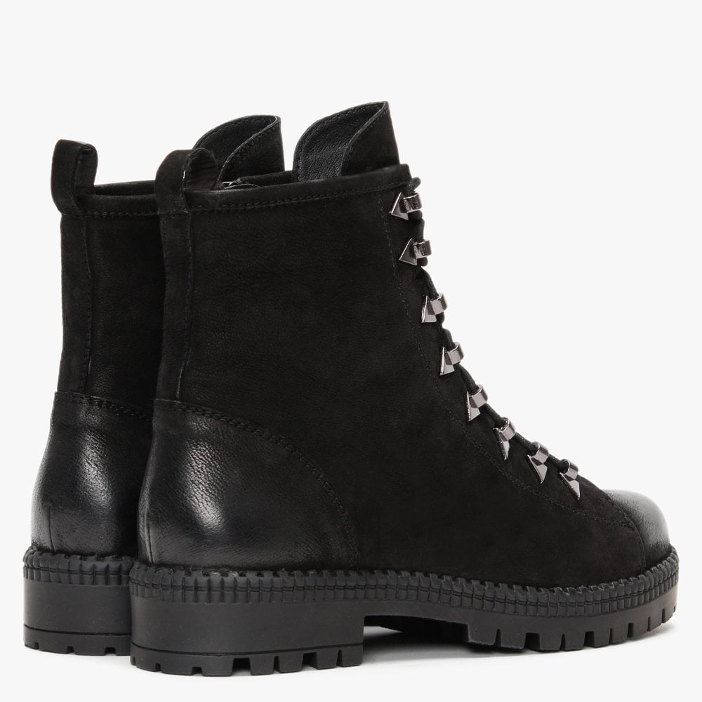 Sago Black Leather Arrow Eyelet Ankle Boots
