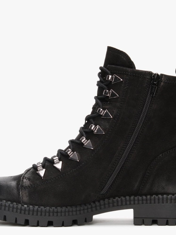 Sago Black Leather Arrow Eyelet Ankle Boots
