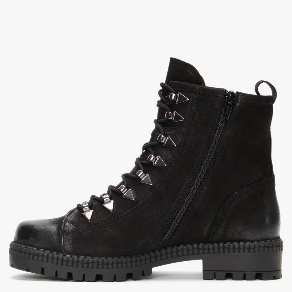 Sago Black Leather Arrow Eyelet Ankle Boots