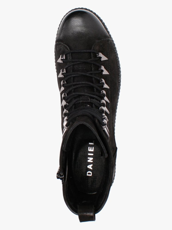 Sago Black Leather Arrow Eyelet Ankle Boots
