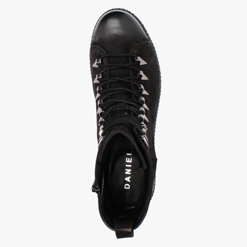 Sago Black Leather Arrow Eyelet Ankle Boots