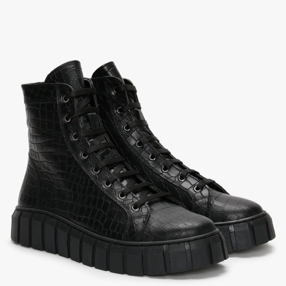 Borep Black Leather Reptile High Top Trainers