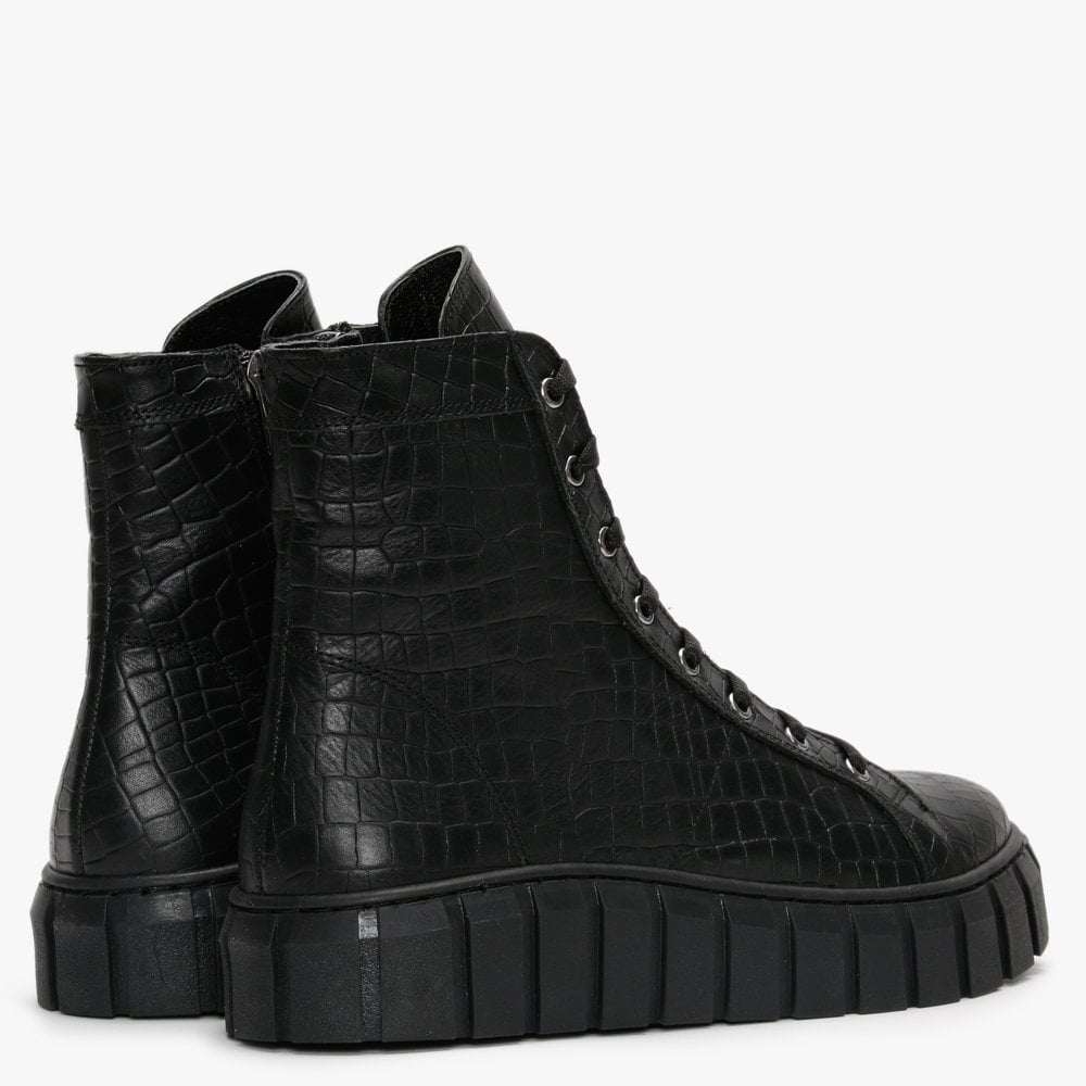 Borep Black Leather Reptile High Top Trainers