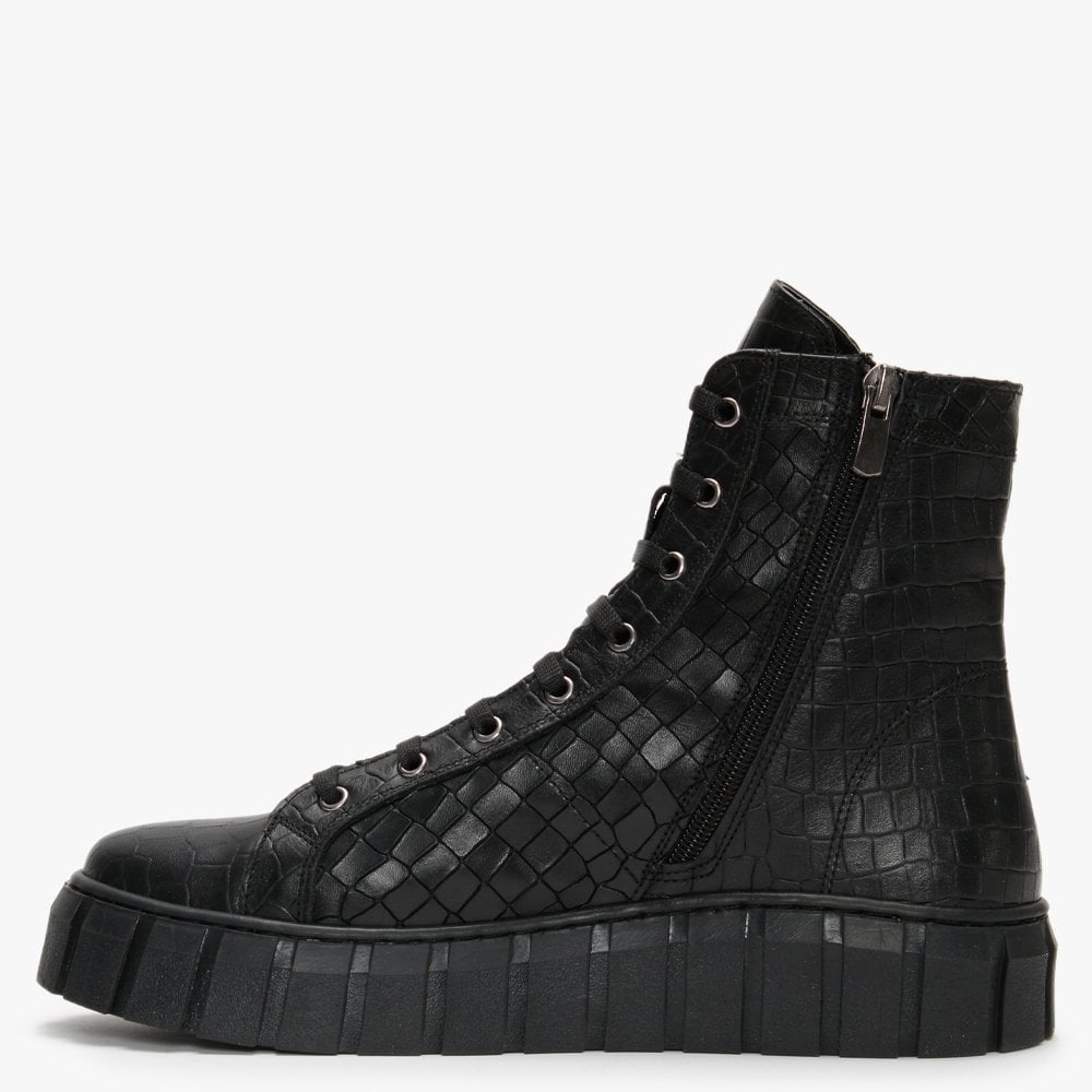 Borep Black Leather Reptile High Top Trainers
