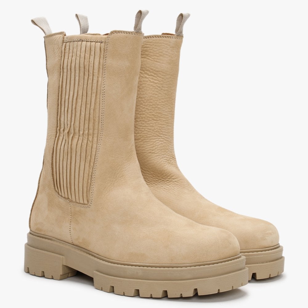 Izeat Beige Nubuck Leather Tall Chelsea Boots
