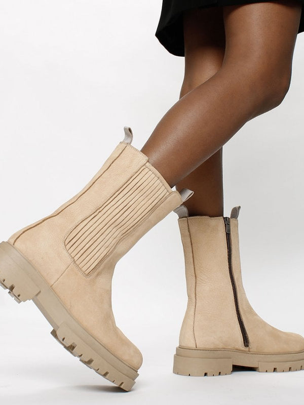 Izeat Beige Nubuck Leather Tall Chelsea Boots