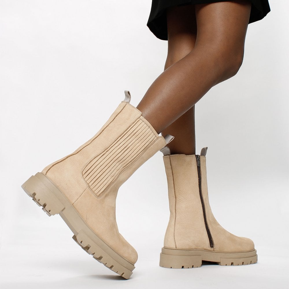 Izeat Beige Nubuck Leather Tall Chelsea Boots