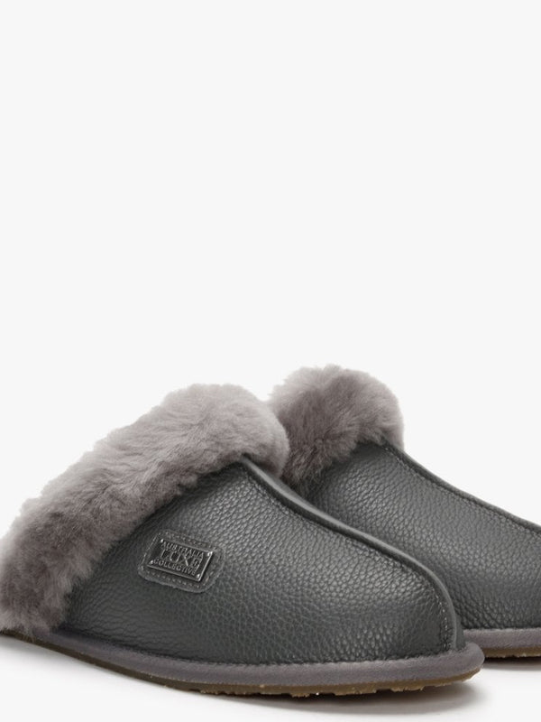 Smoke Leather Sheepskin Closed Mule Slippers