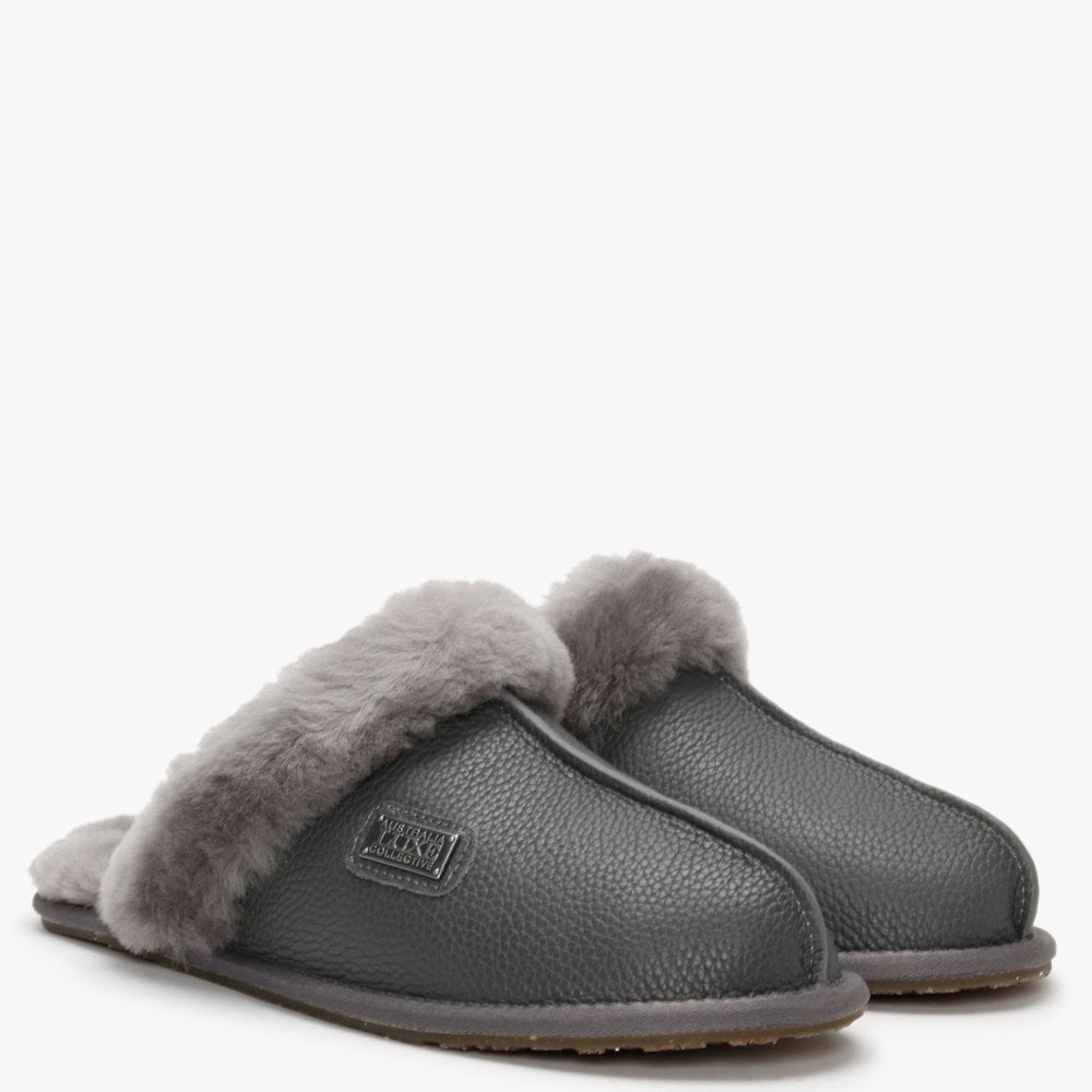 Smoke Leather Sheepskin Closed Mule Slippers