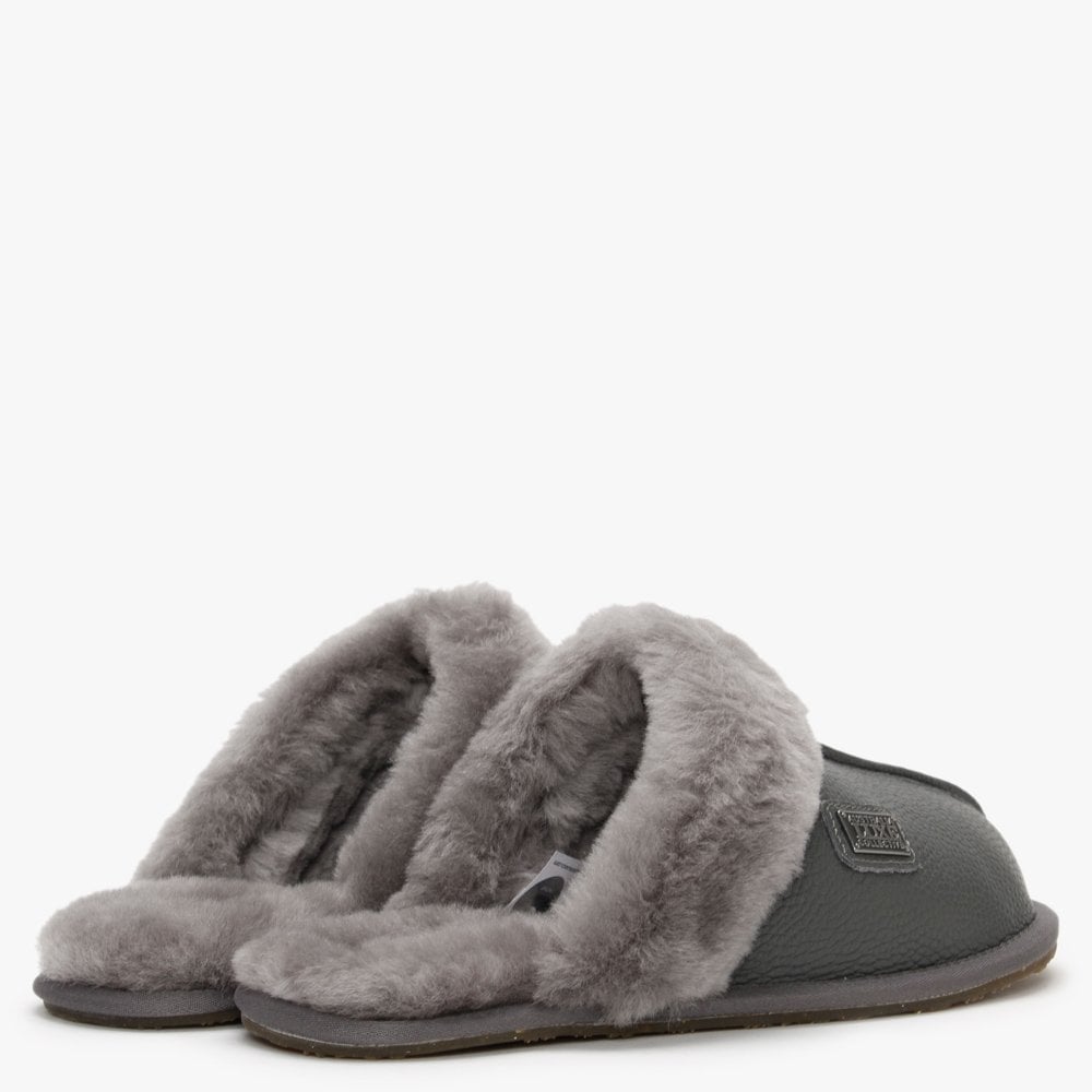 Smoke Leather Sheepskin Closed Mule Slippers