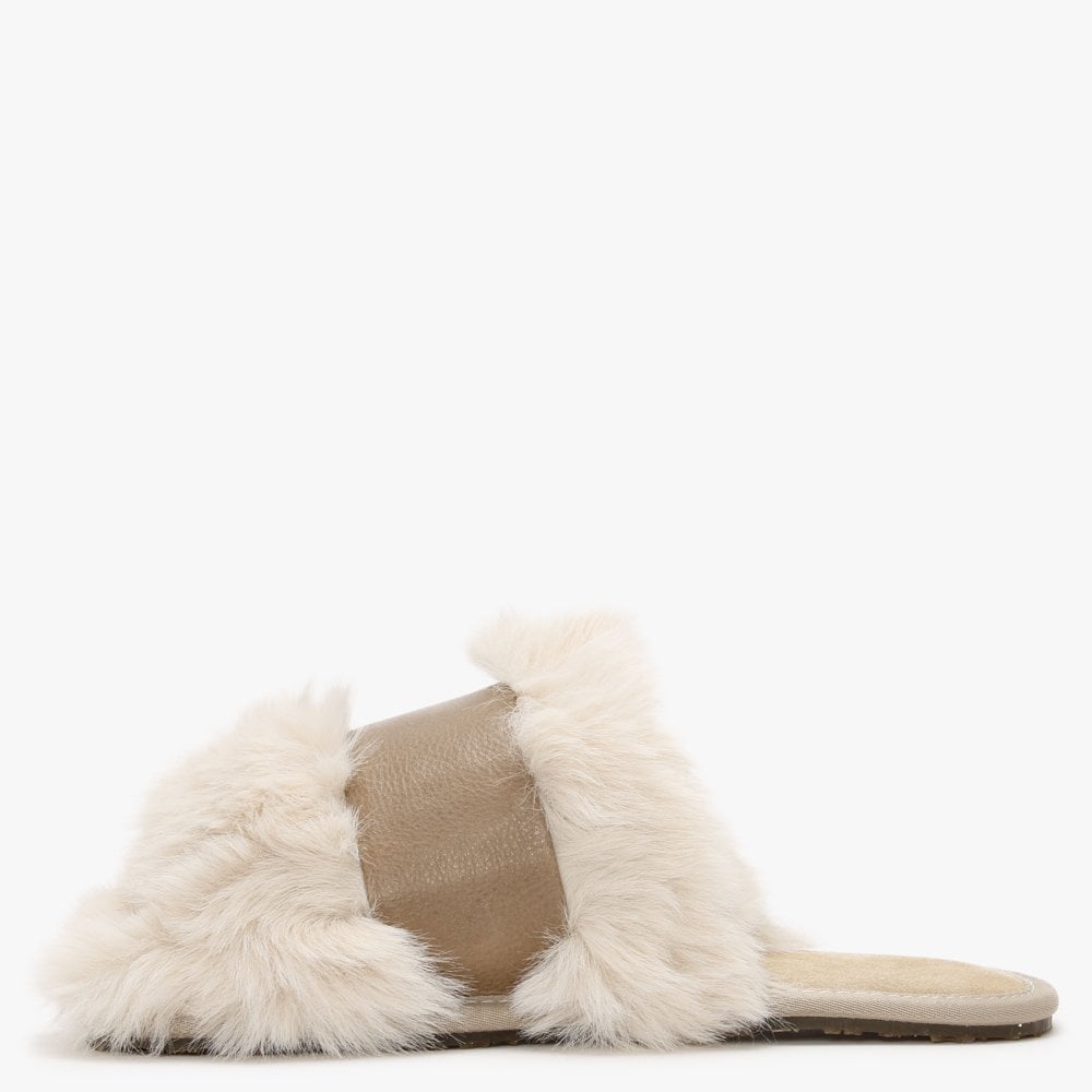 Muchas Luxe Sand Leather & Shearling Mule Slippers