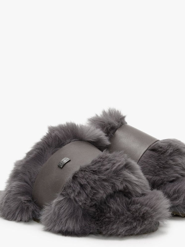 Muchas Luxe Grey Leather & Shearling Mule Slippers