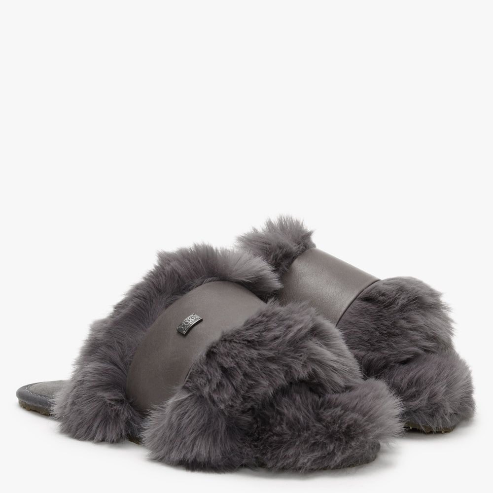 Muchas Luxe Grey Leather & Shearling Mule Slippers