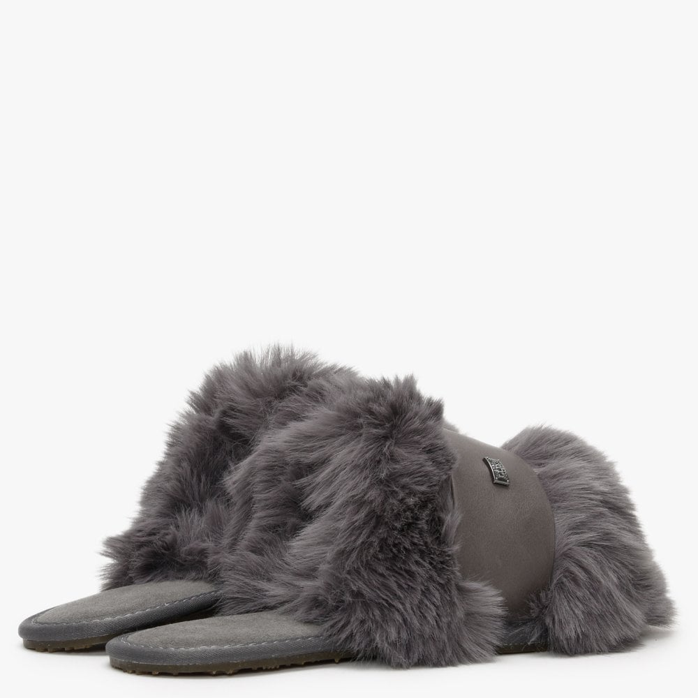 Muchas Luxe Grey Leather & Shearling Mule Slippers