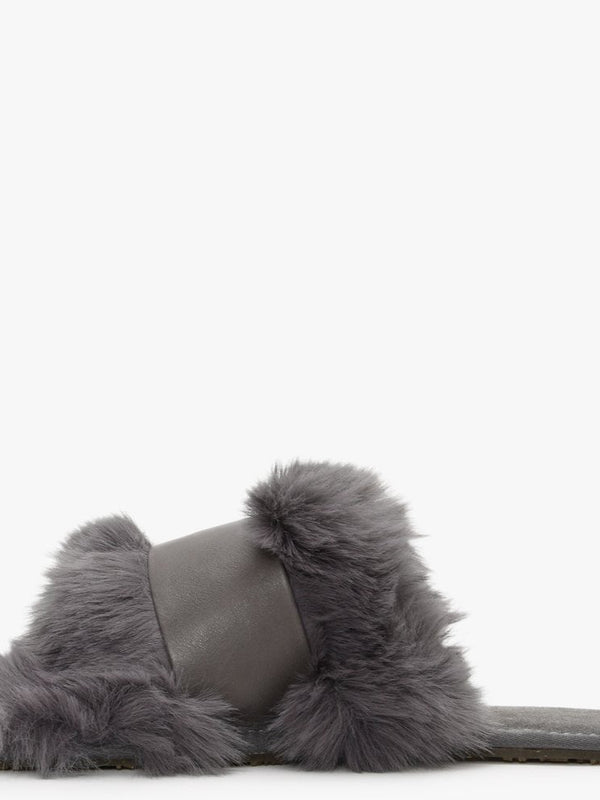 Muchas Luxe Grey Leather & Shearling Mule Slippers