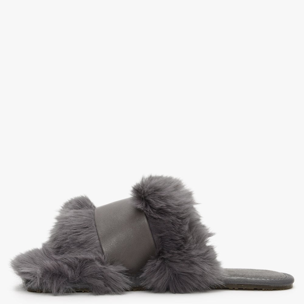 Muchas Luxe Grey Leather & Shearling Mule Slippers