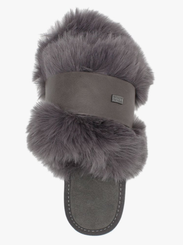Muchas Luxe Grey Leather & Shearling Mule Slippers