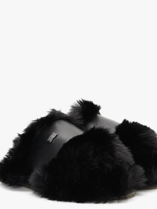 Muchas Luxe Black Leather & Shearling Mule Slippers