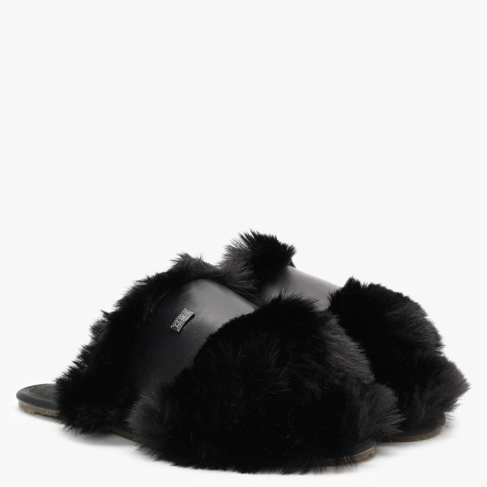 Muchas Luxe Black Leather & Shearling Mule Slippers