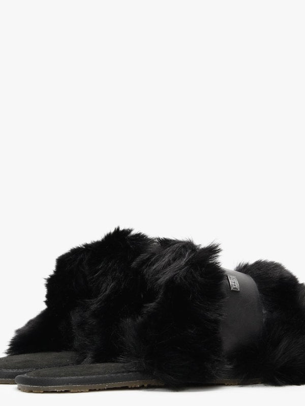 Muchas Luxe Black Leather & Shearling Mule Slippers