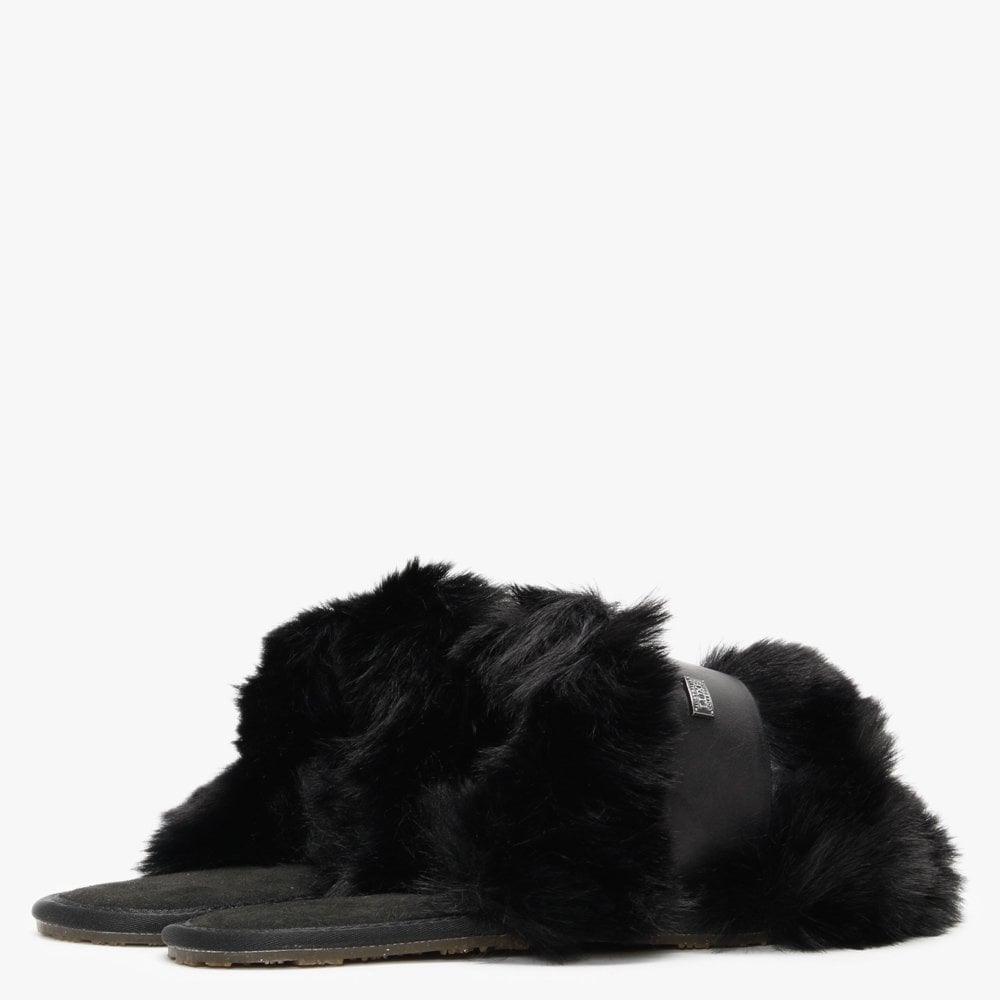 Muchas Luxe Black Leather & Shearling Mule Slippers