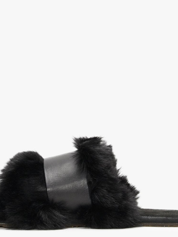 Muchas Luxe Black Leather & Shearling Mule Slippers