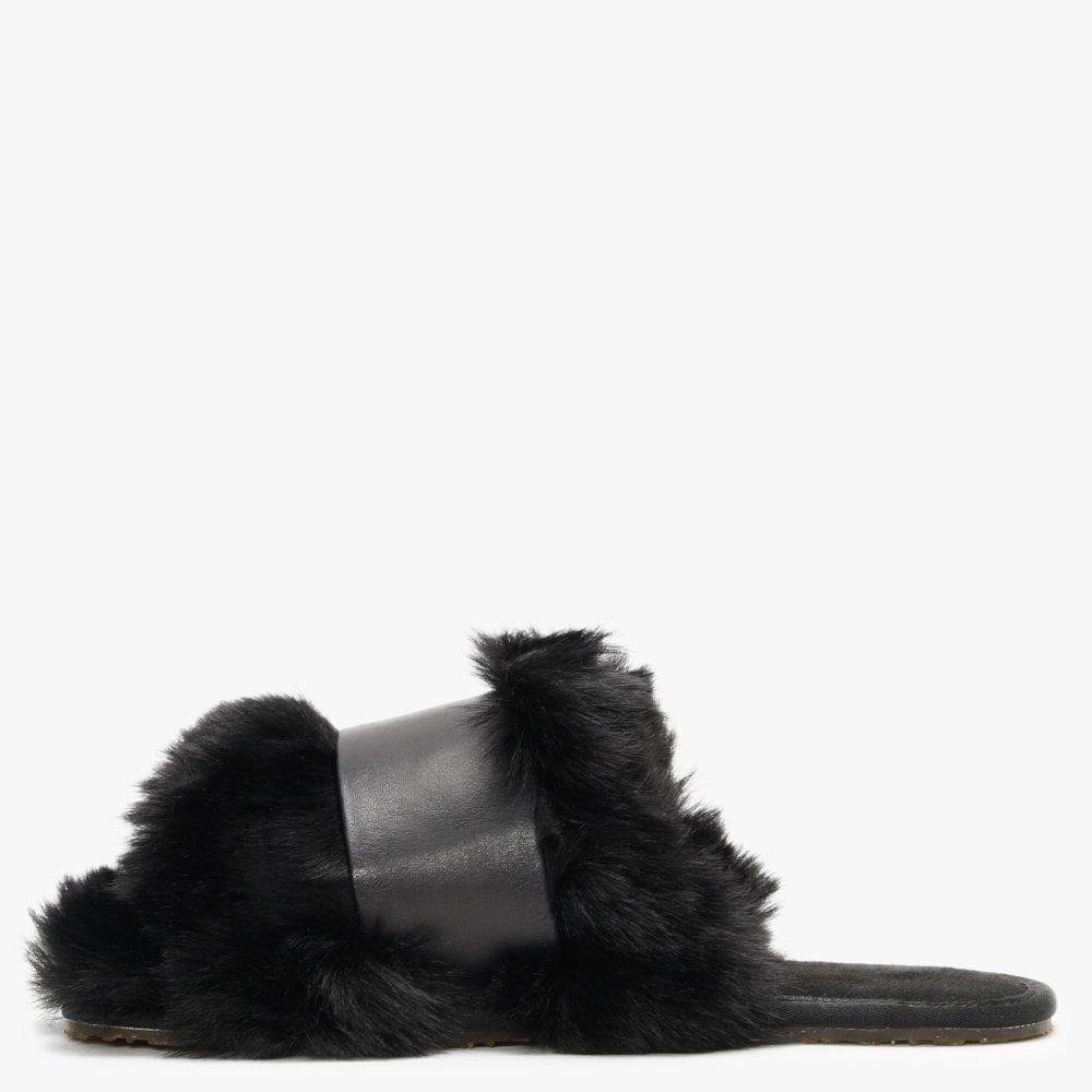 Muchas Luxe Black Leather & Shearling Mule Slippers