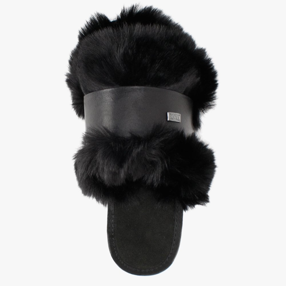 Muchas Luxe Black Leather & Shearling Mule Slippers