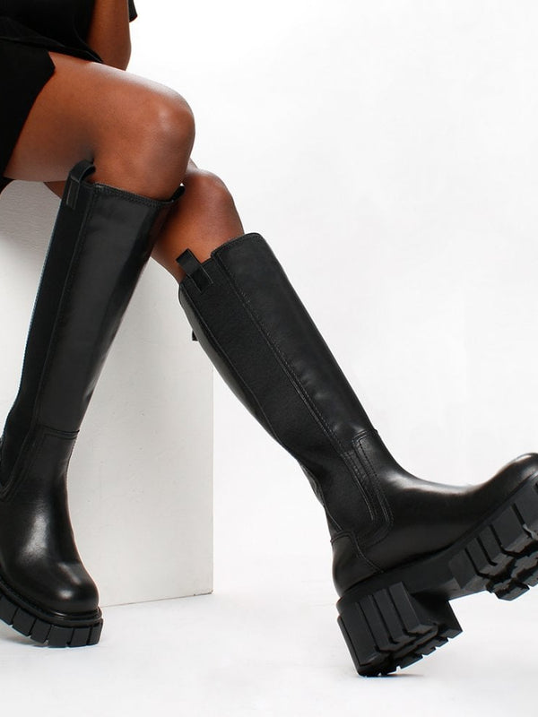 Pippy Black Leather Lug Sole Knee Boots