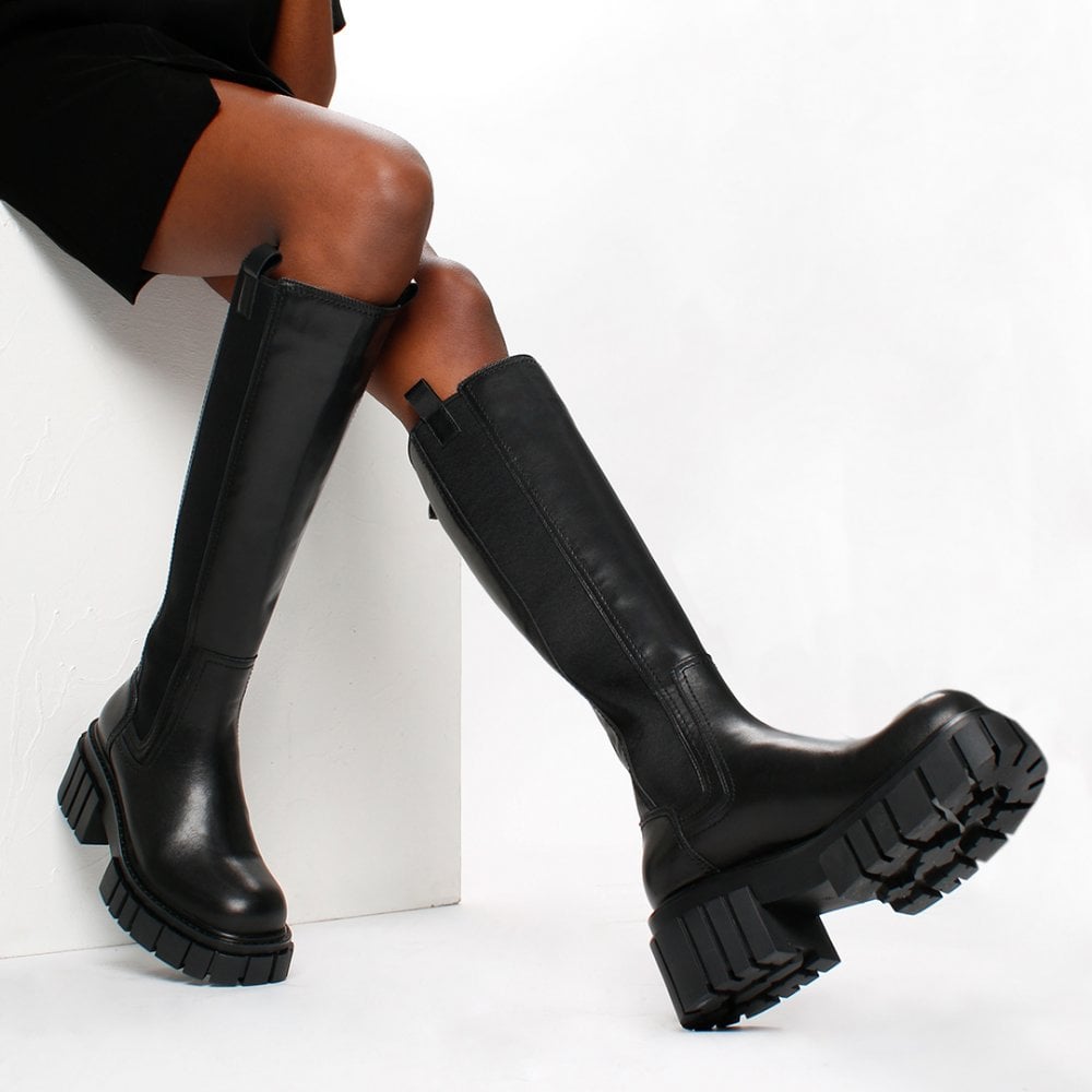 Pippy Black Leather Lug Sole Knee Boots