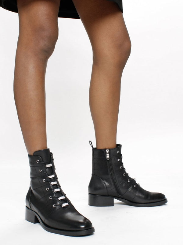 Sace Black Leather Diamante Ankle Boots