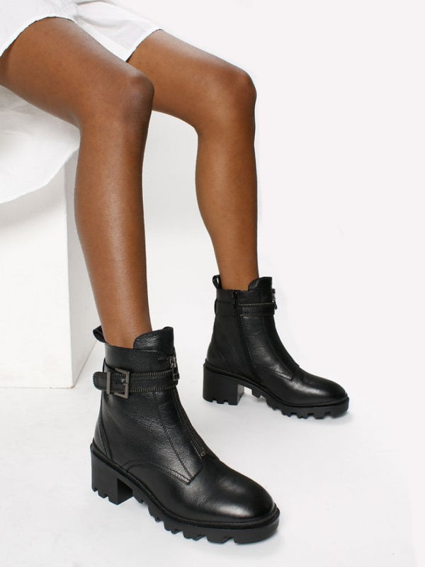 Sariela Black Leather Zip Ankle Boots