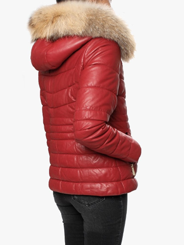 Jam Red Leather Fur Trim Hooded Jacket