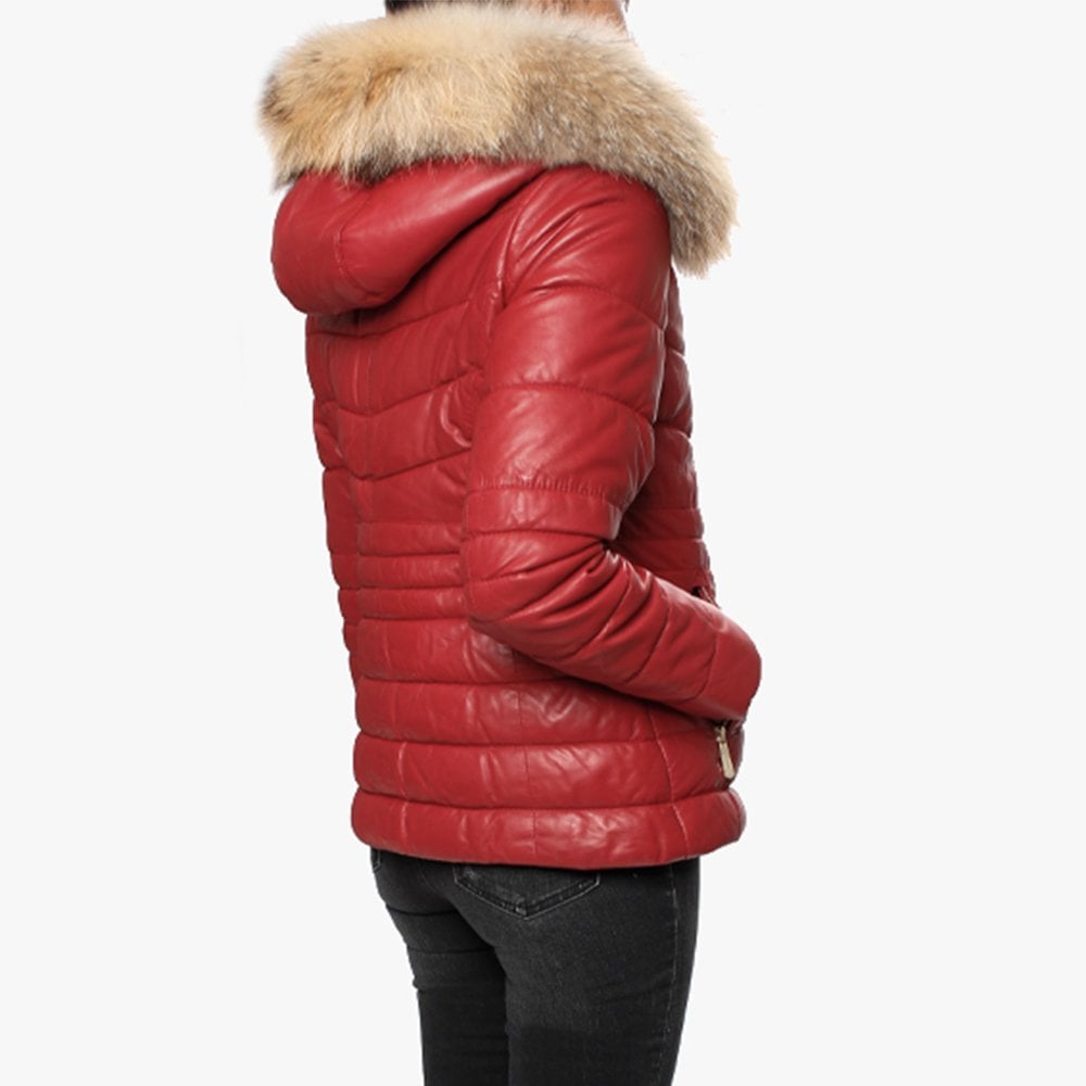 Jam Red Leather Fur Trim Hooded Jacket