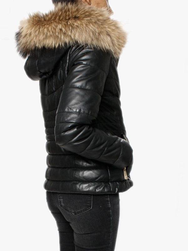 Jam Black Leather Fur Trim Hooded Jacket