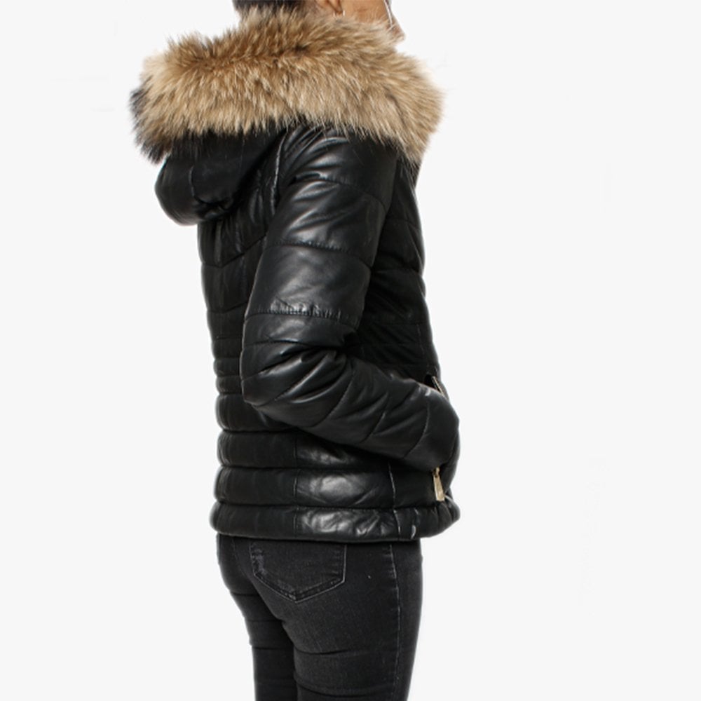 Jam Black Leather Fur Trim Hooded Jacket