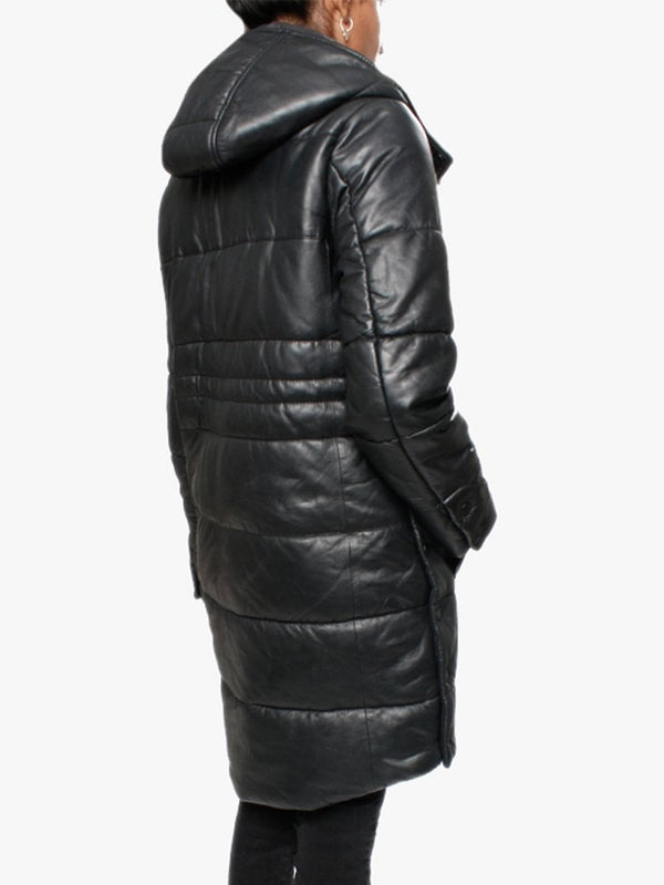 Blitz Black Leather Quilted Long Line Coat