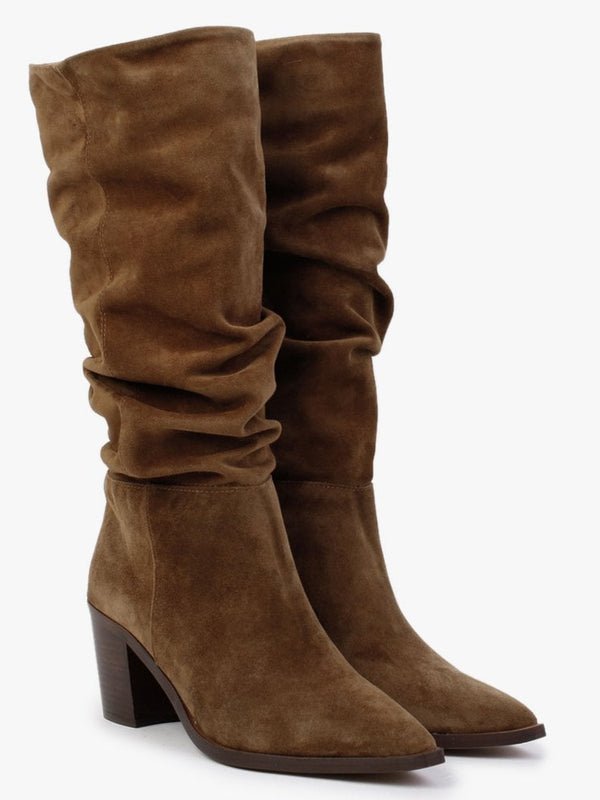 Rosemary Tan Suede Ruched Calf Boots
