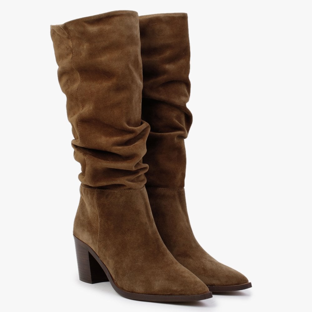 Rosemary Tan Suede Ruched Calf Boots