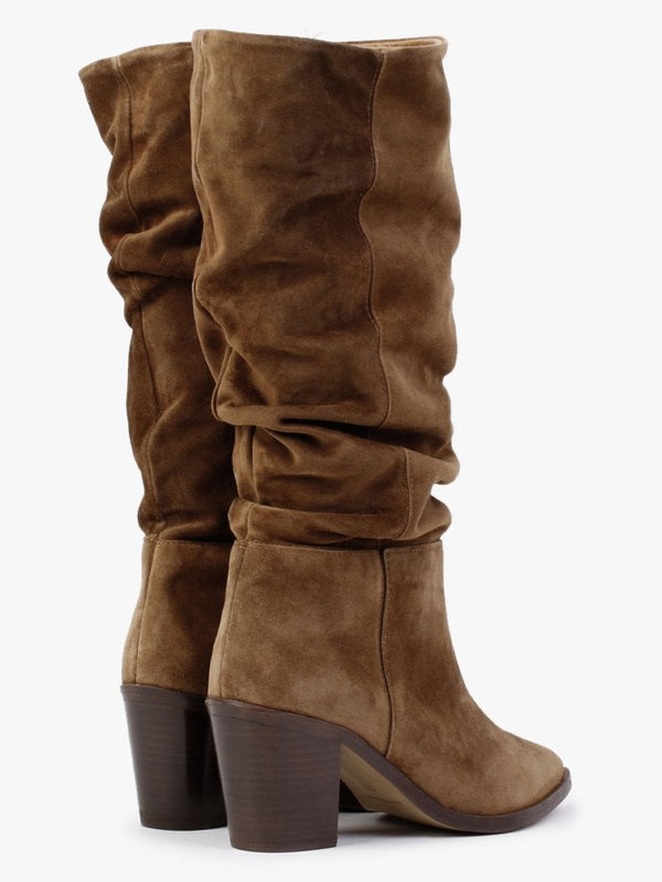 Rosemary Tan Suede Ruched Calf Boots